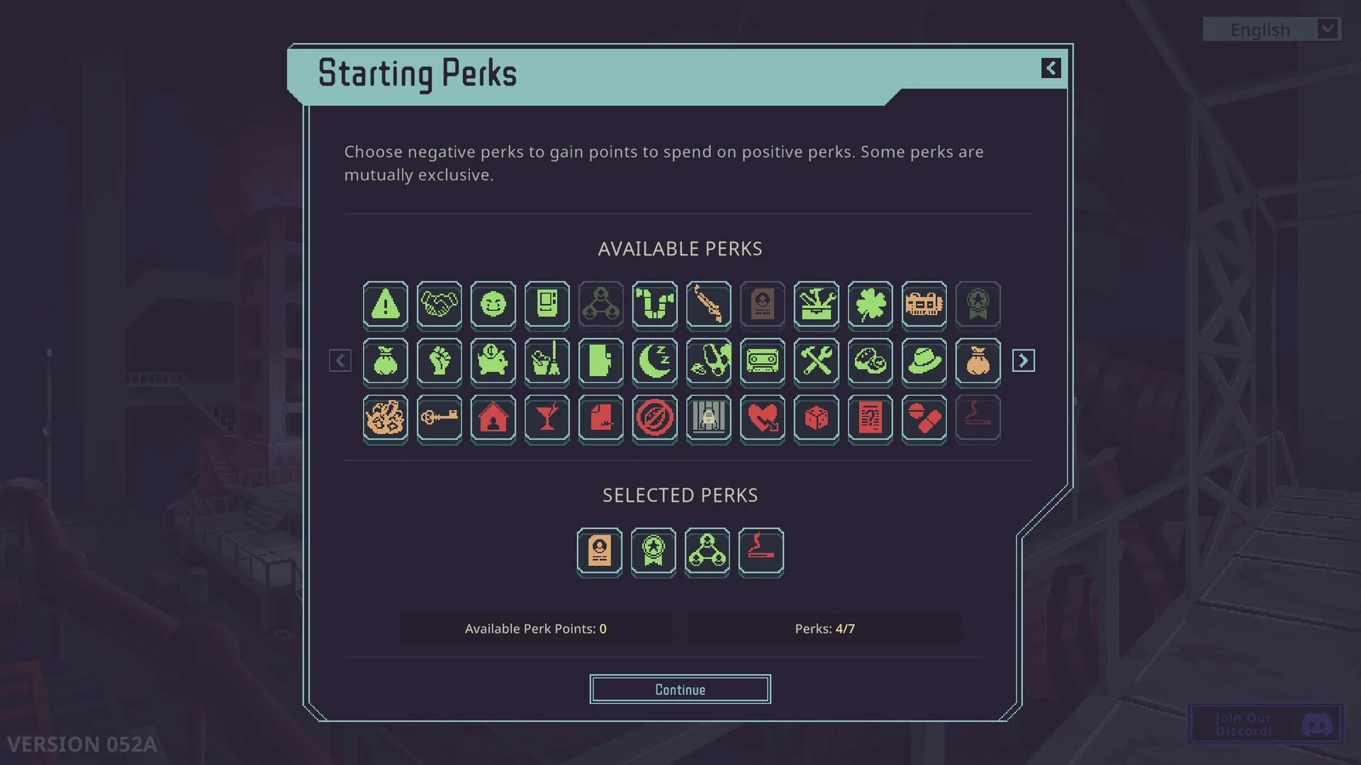 Probably Stolen official screenshot: starting perks screen with negative perks funding positive ones
