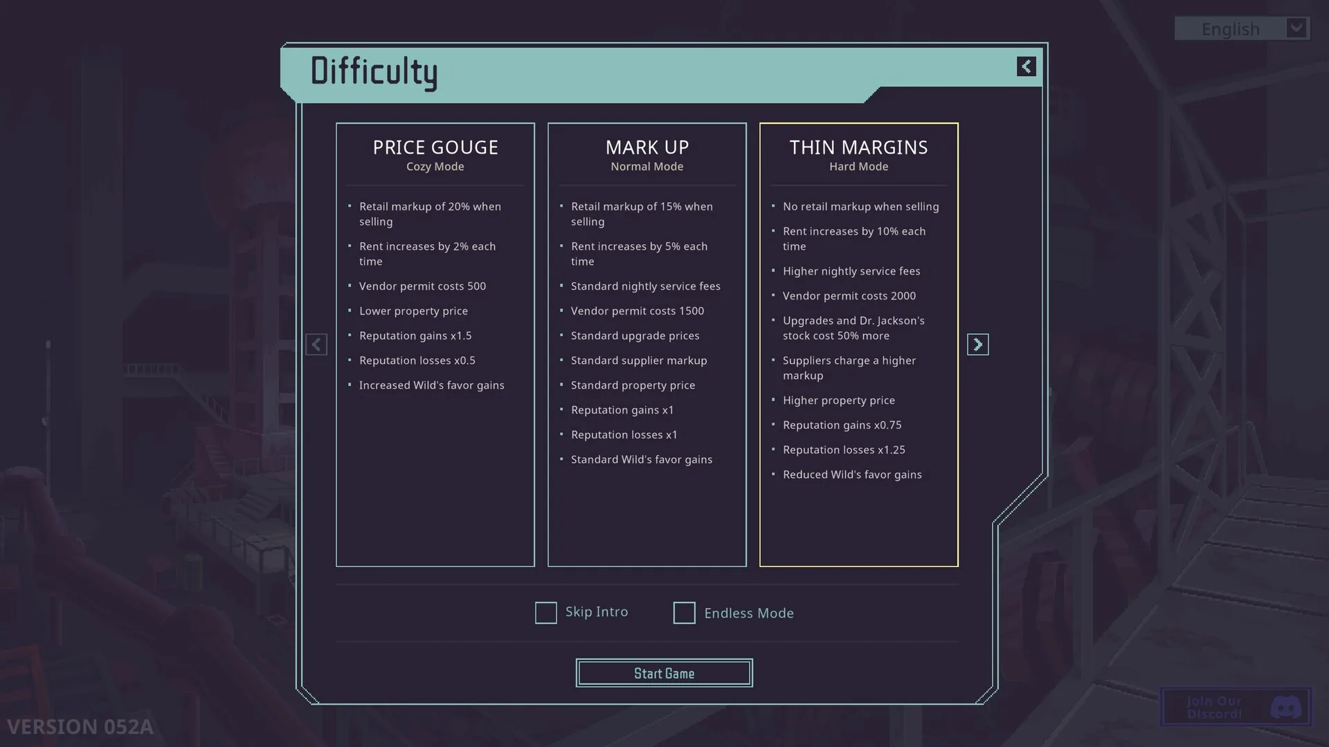 Probably Stolen official screenshot: difficulty selection with Price Gouge, Mark Up and Thin Margins