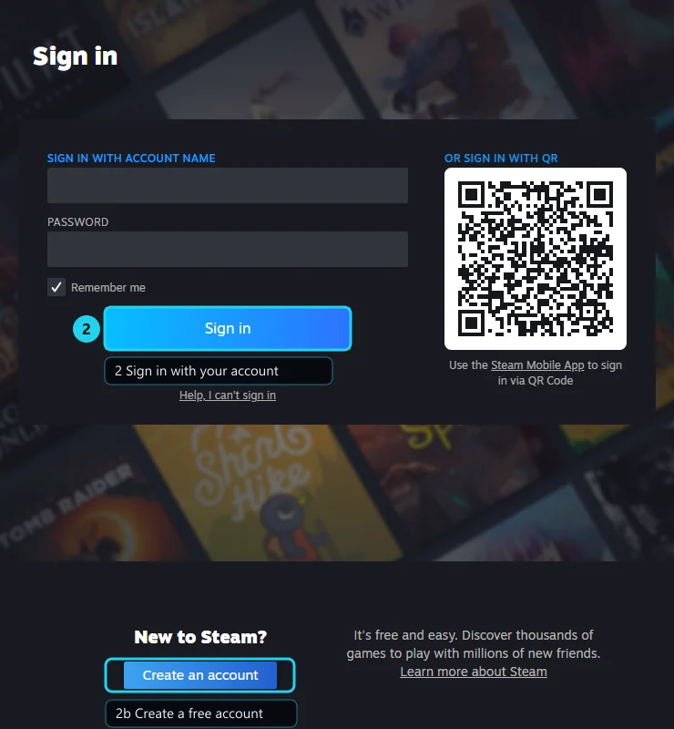 Steam sign-in screen with the sign-in and create-account buttons highlighted