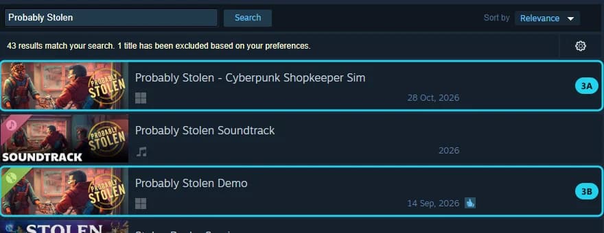 Steam search results for Probably Stolen, with the full game and demo highlighted