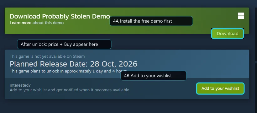 Steam store page with the demo download box and the wishlist button
